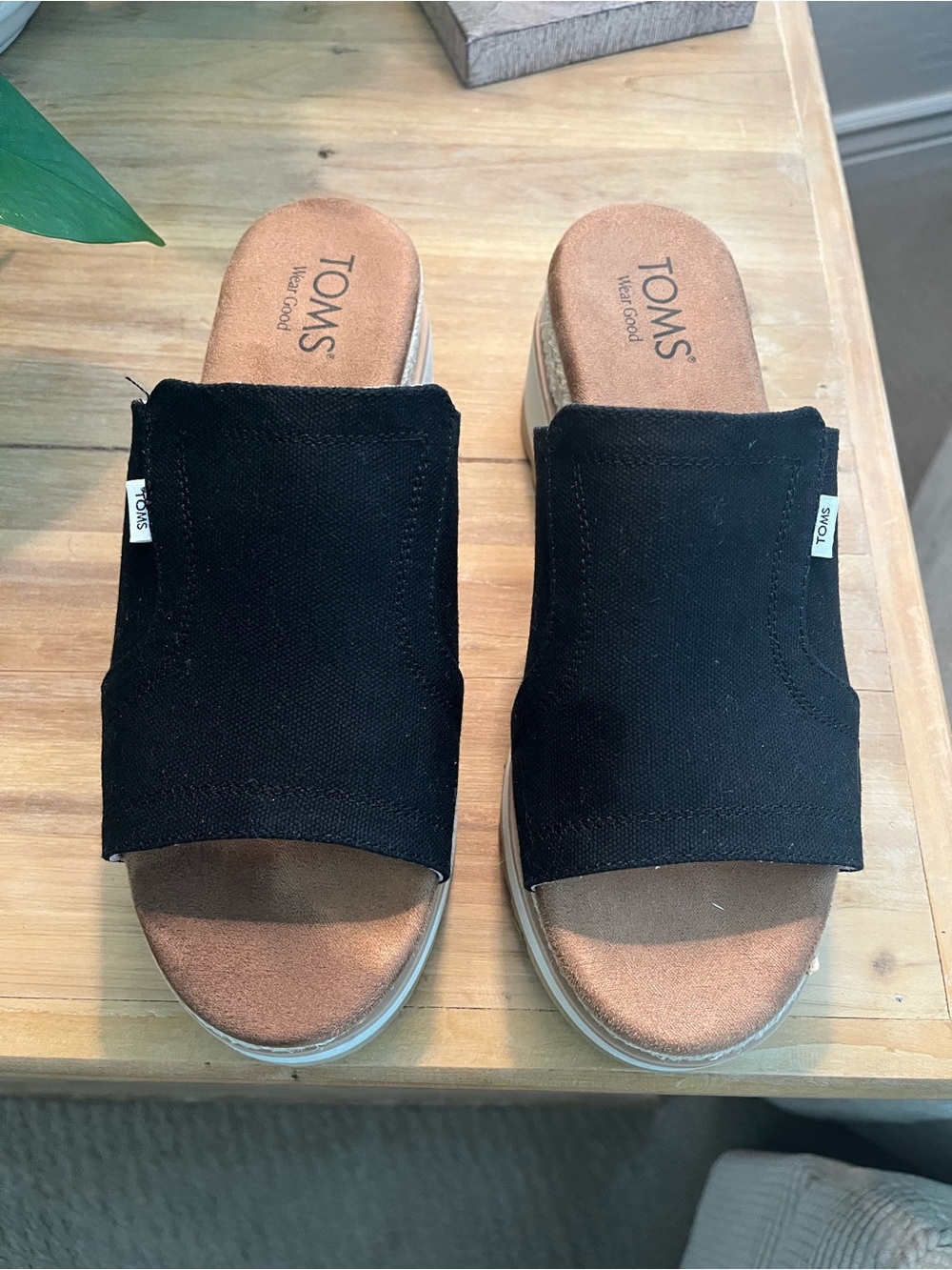 TOMS Black Canvas Wedge Slide Sandals - Picture 2 of 7